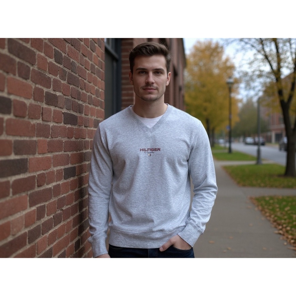 Tommy Hilfiger Mens Grey V Neck Long Sleeve Sweatshirt Sz L casual cozy‎ granola
